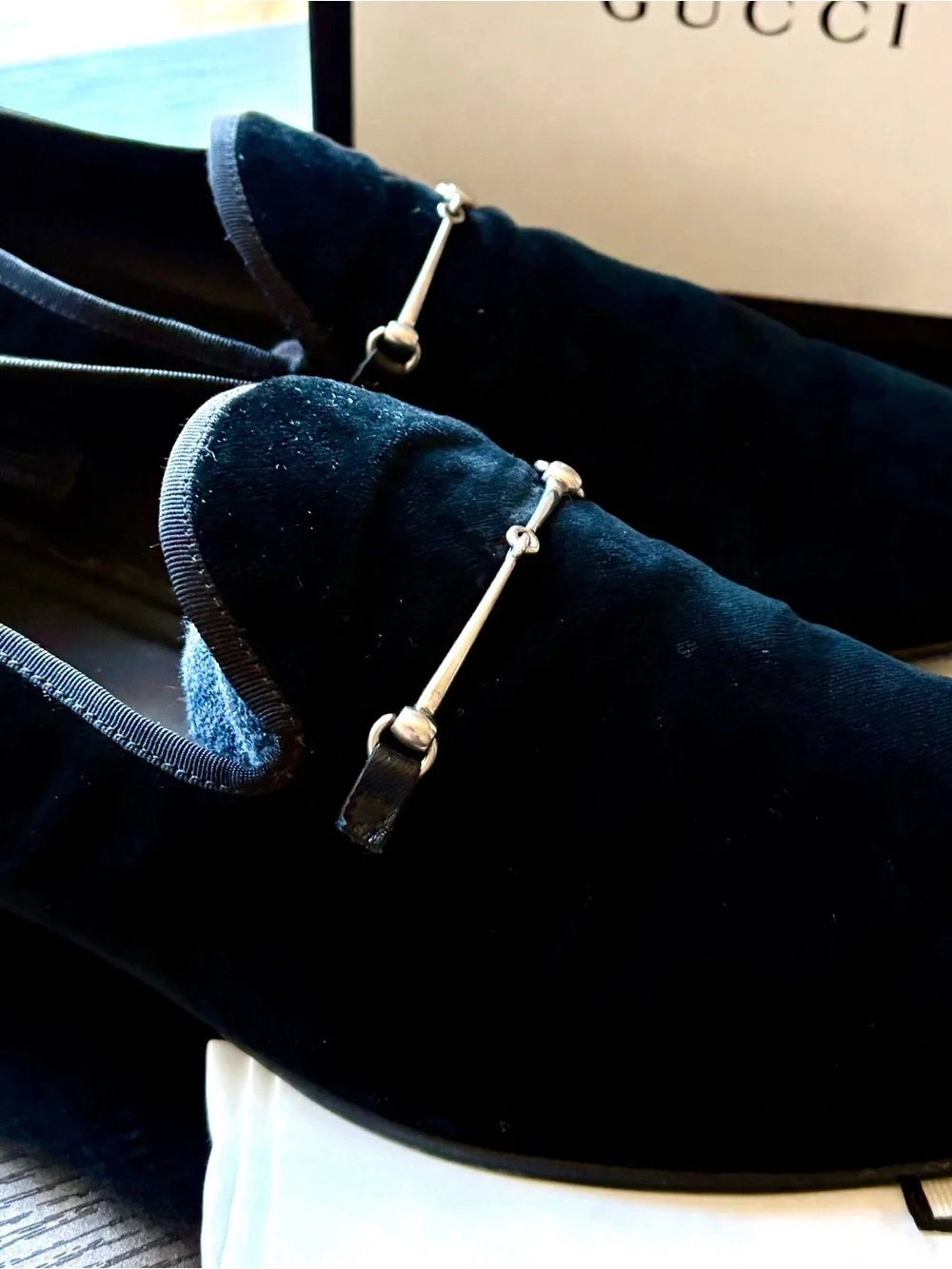 Gucci Men's Navy Velvet Horsebit Loafers